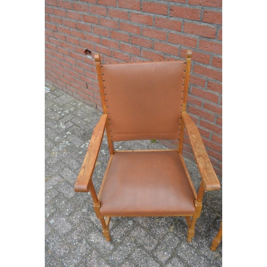 Set van 4 massief eiken armstoelen met leren bekleding-3