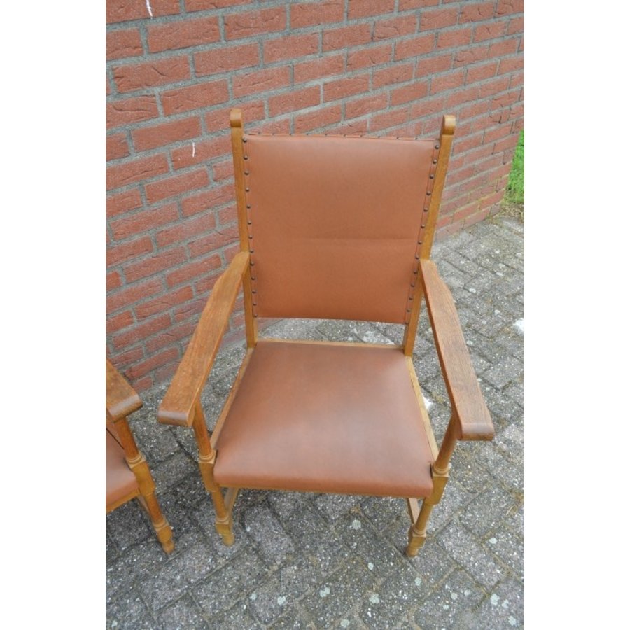 Eiken armstoelen met bruin leren bekleding 4 stuks-7