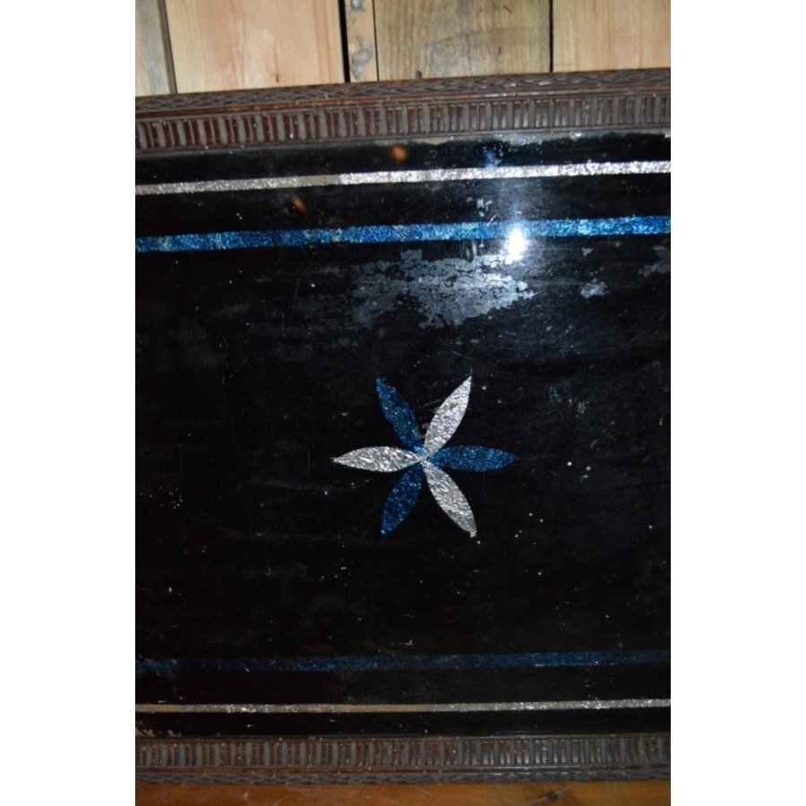 Antiek houten dienblad uit de jaren 20 met metalen handgrepen-5