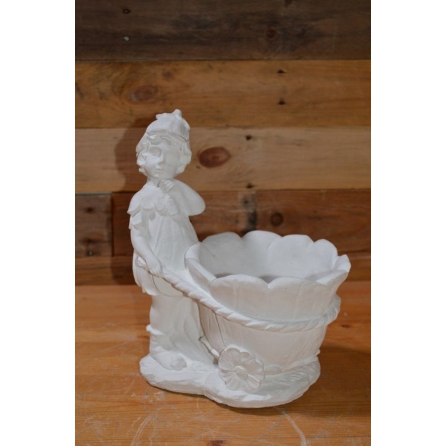 Betonnen beeld elfje met bloemenwagentje plantenbakje-1