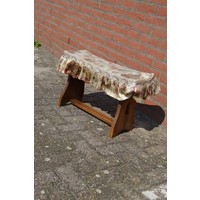 thumb-Vintage houten zitbankje met stoffen bekleding-2