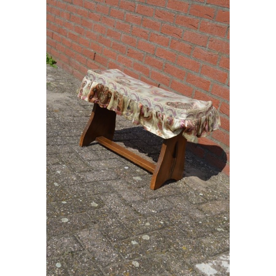 Vintage houten zitbankje met stoffen bekleding-2
