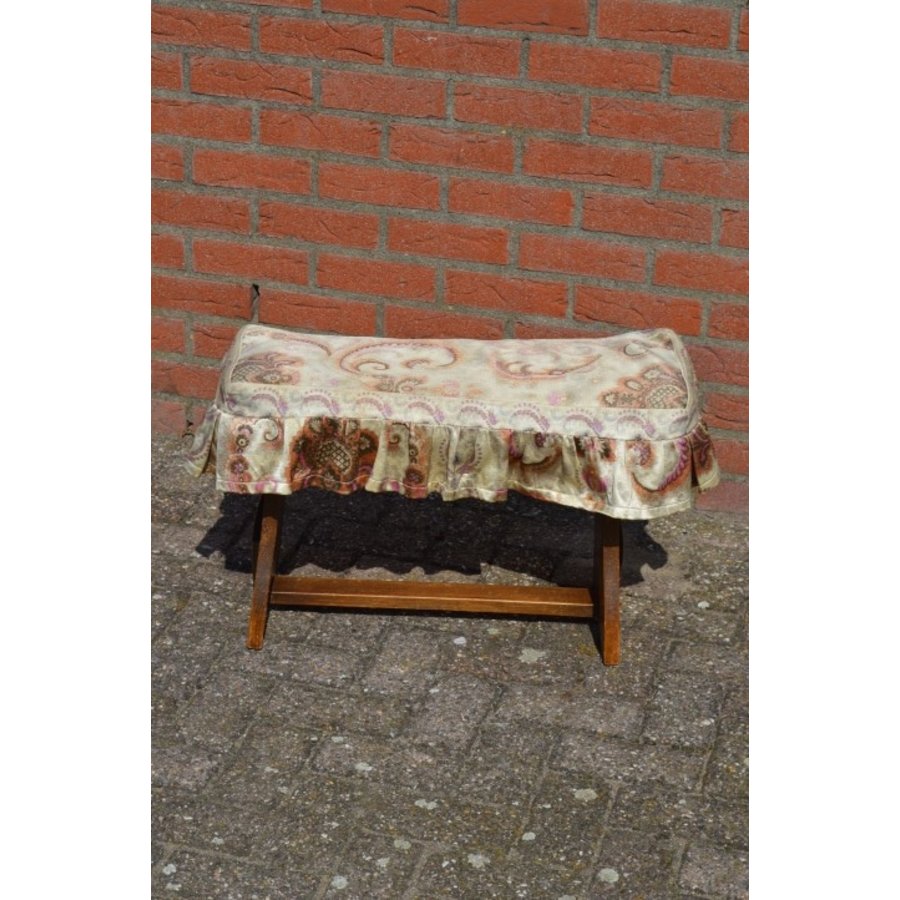 Vintage houten zitbankje met stoffen bekleding-3