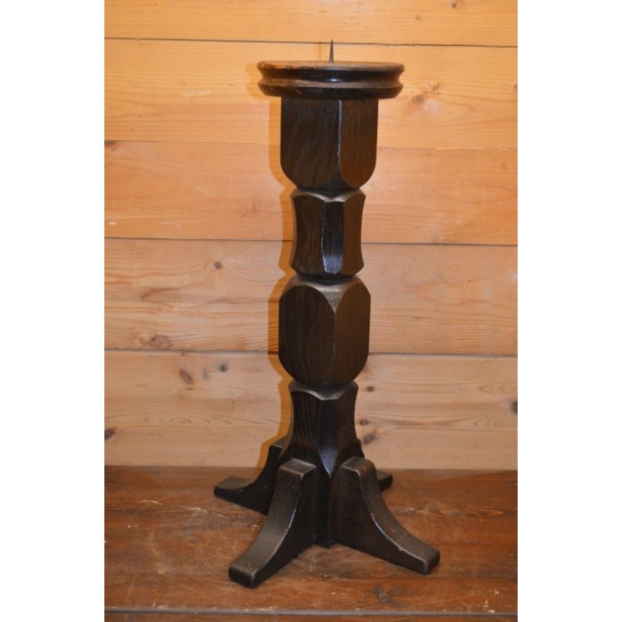 Vintage eikenhouten kandelaar voor grote kaars-1