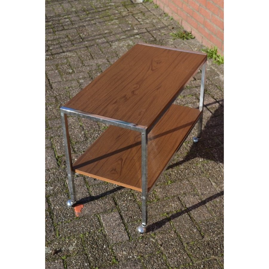 Vintage Mid Century trolley met walnoot fineer-2