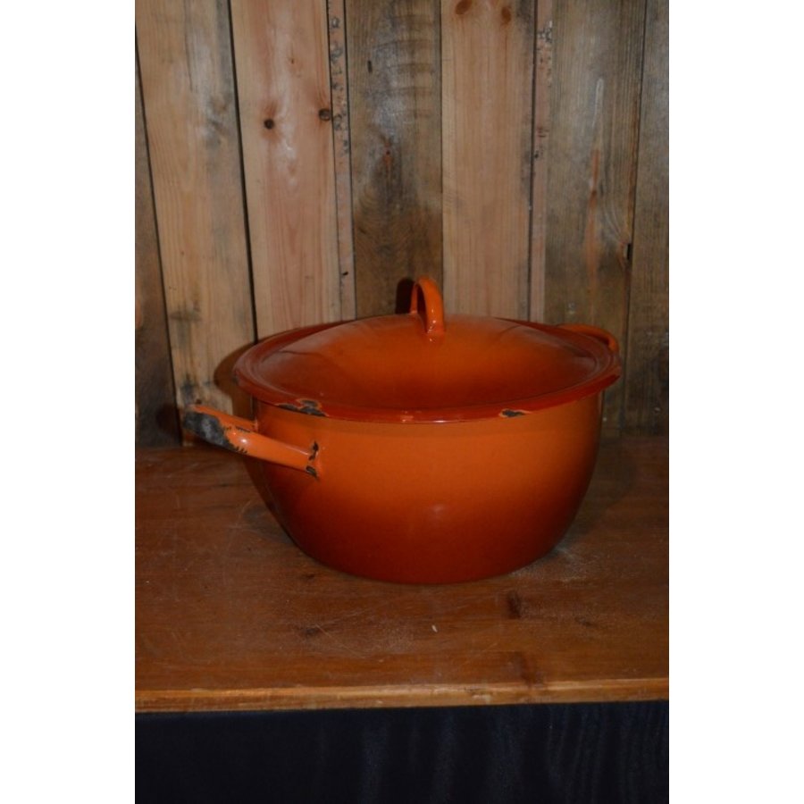 Vintage oranje geëmailleerde soeppan-1