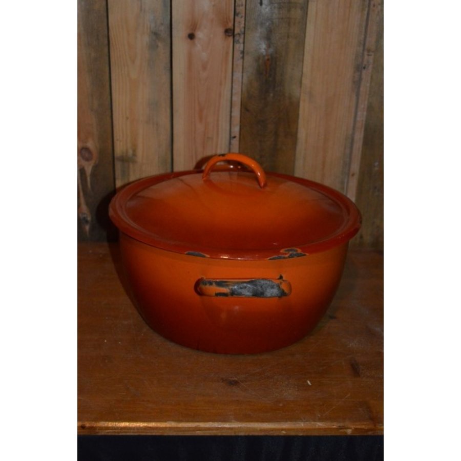 Vintage oranje geëmailleerde soeppan-2