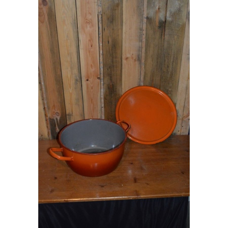 Vintage oranje geëmailleerde soeppan-4