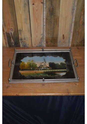 Oud dienblad met beschilderd glas 