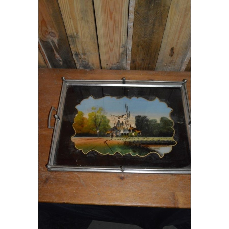 Oud dienblad met beschilderd glas-3