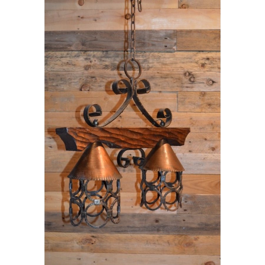Landelijke hanglamp van smeedijzer en hout met twee lichtpunten-5
