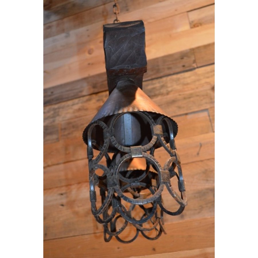 Landelijke hanglamp van smeedijzer en hout met twee lichtpunten-6