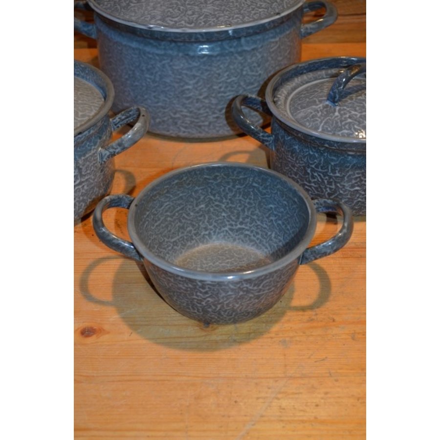 Vintage geëmailleerde pannenset grijs gewolkt – 4 pannen met deksels-3