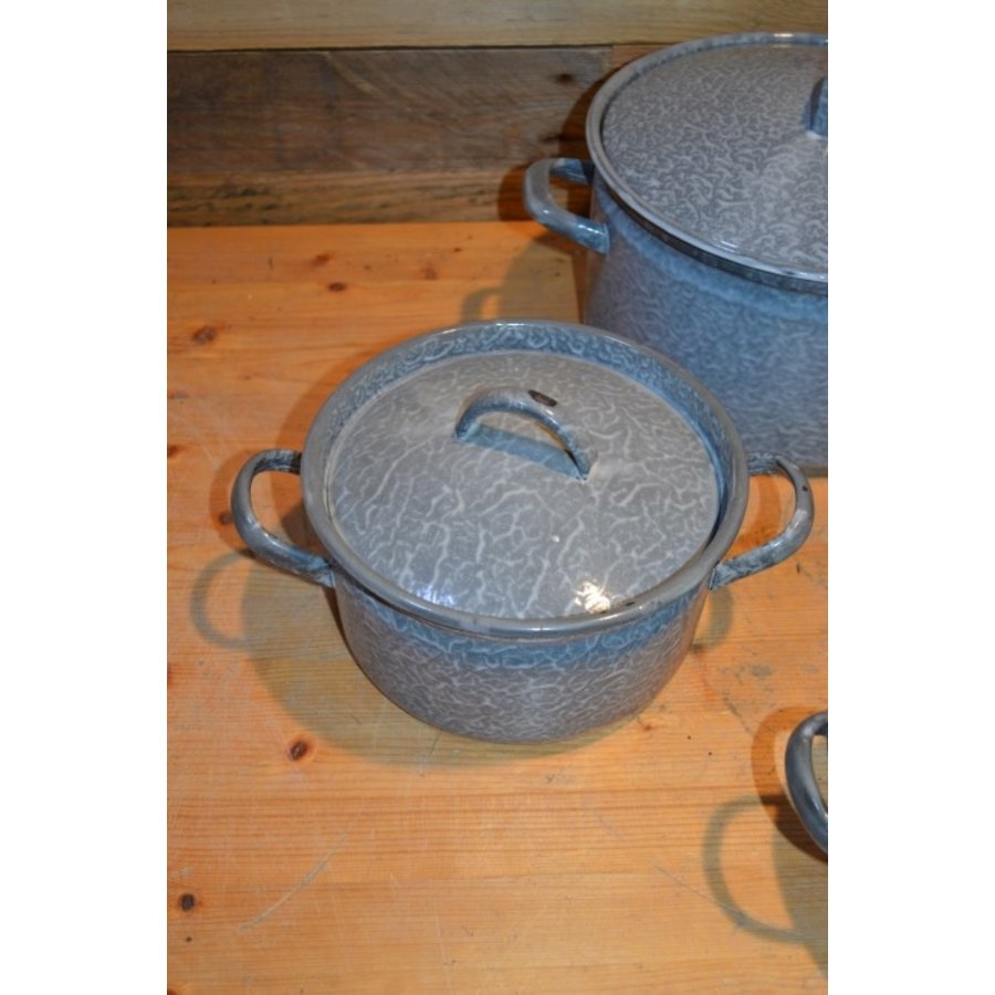 Vintage geëmailleerde pannenset grijs gewolkt – 4 pannen met deksels-4