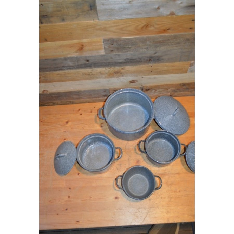 Vintage geëmailleerde pannenset grijs gewolkt – 4 pannen met deksels-6