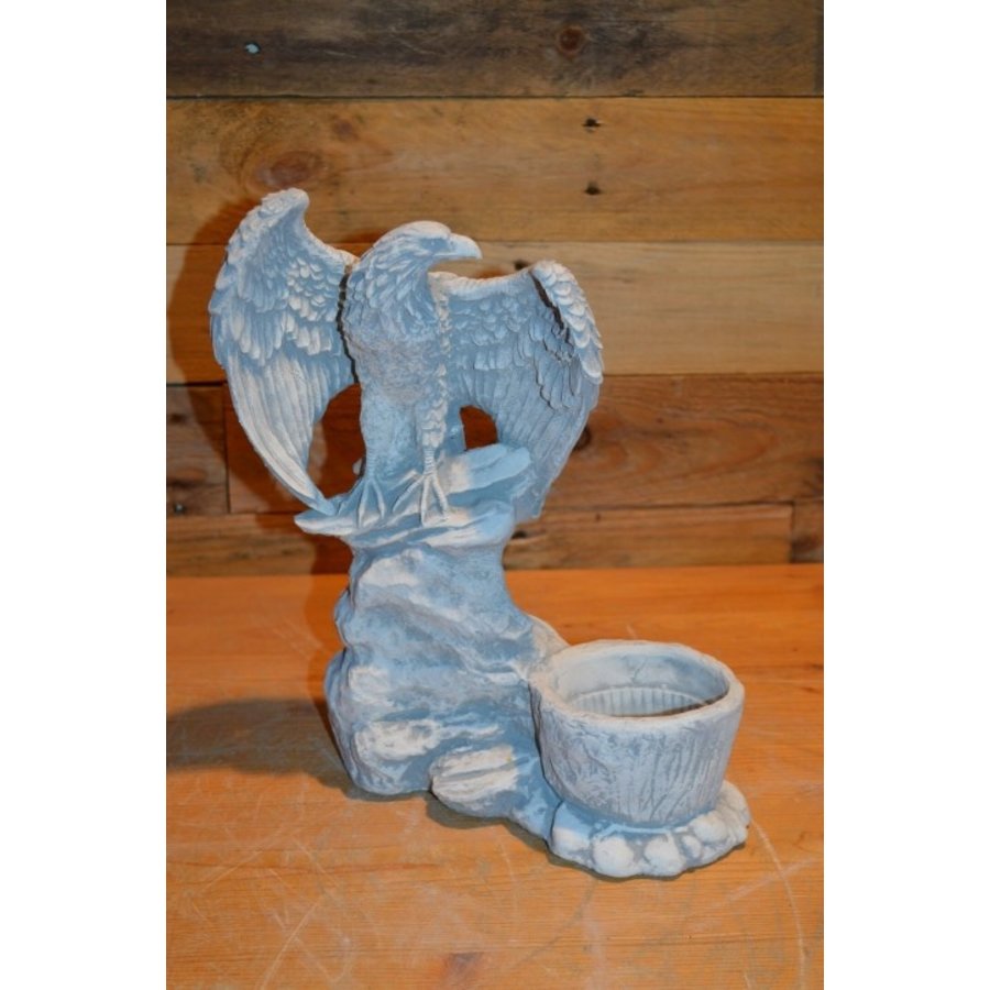 Adelaar met gespreide vleugels op rots naast betonnen bloempotje-1