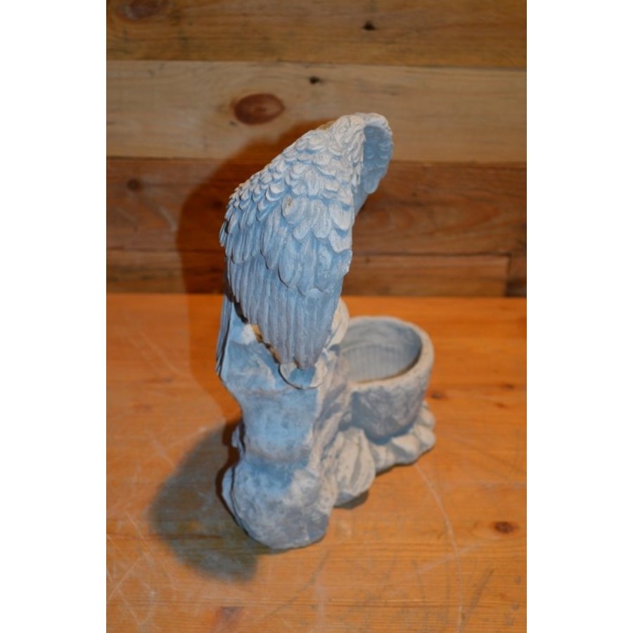 Adelaar met gespreide vleugels op rots naast betonnen bloempotje-2