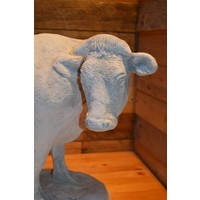 Betonnen koe die naar rechts kijkt, natuurgetrouw tuinbeeld