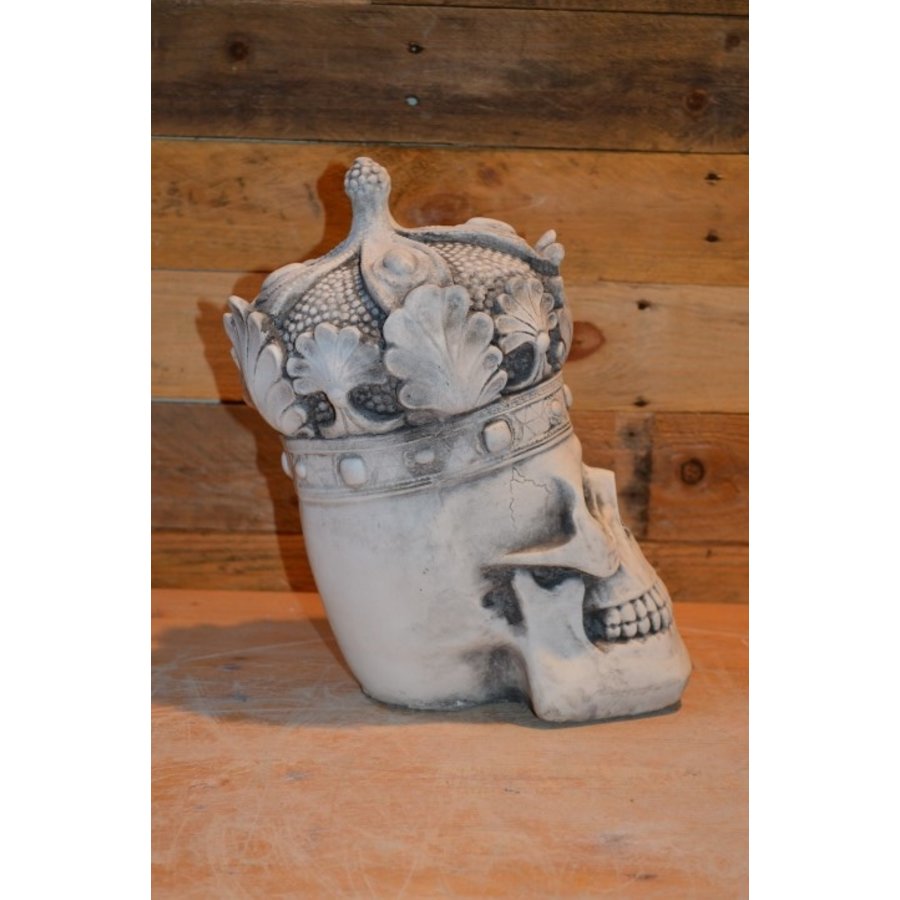 Betonnen schedel met koninklijke kroon en sierlijke bladeren-4