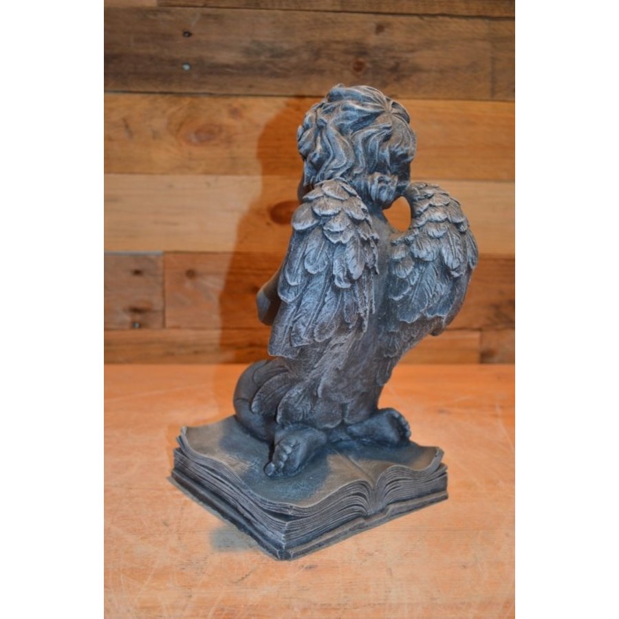 Betonnen beeld van een engel met gevouwen handen op een bijbel-3