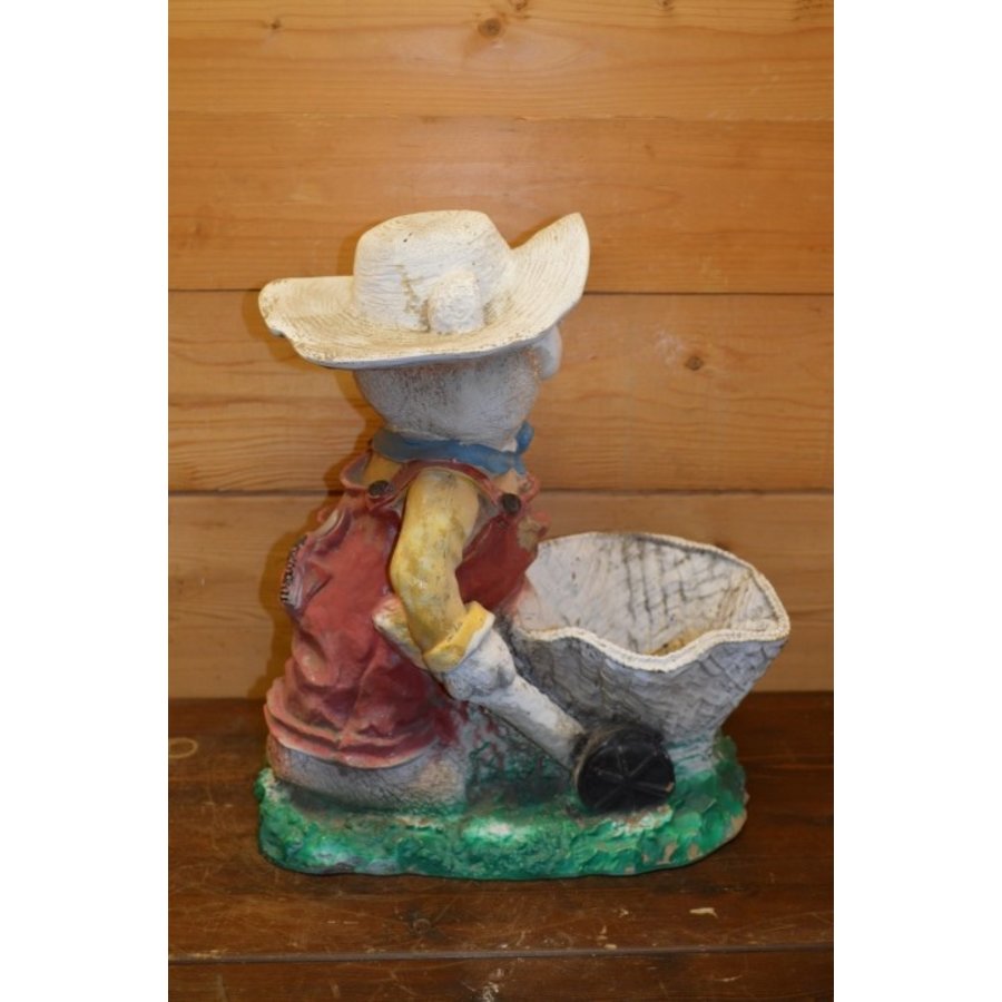 Vintage polyester tuinbeeld van een beer met kruiwagen als plantenbak-4