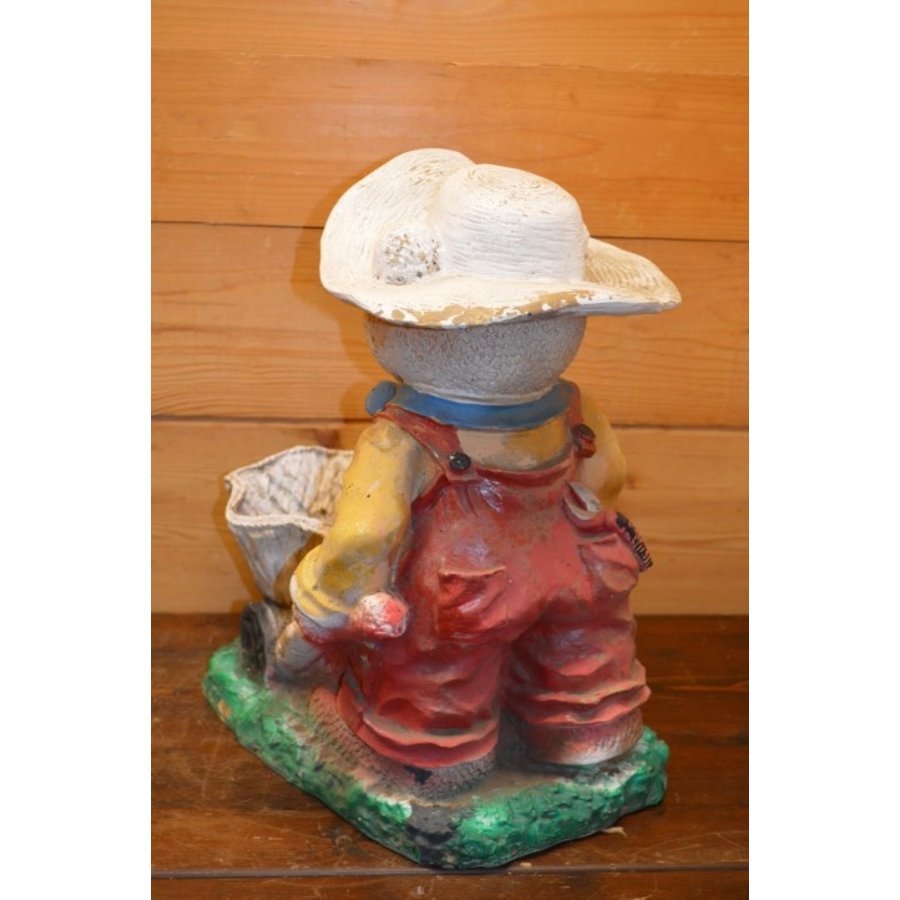 Vintage polyester tuinbeeld van een beer met kruiwagen als plantenbak-6