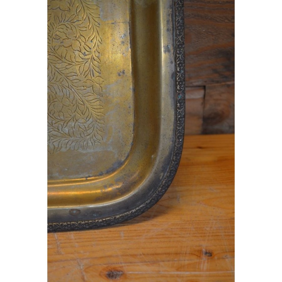 Vintage messing dienblad met gegraveerde bloemenrand-3