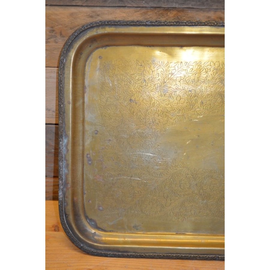 Vintage messing dienblad met gegraveerde bloemenrand-4