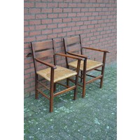 thumb-Set van 2 oude eiken armstoelen met biezen zitting-3