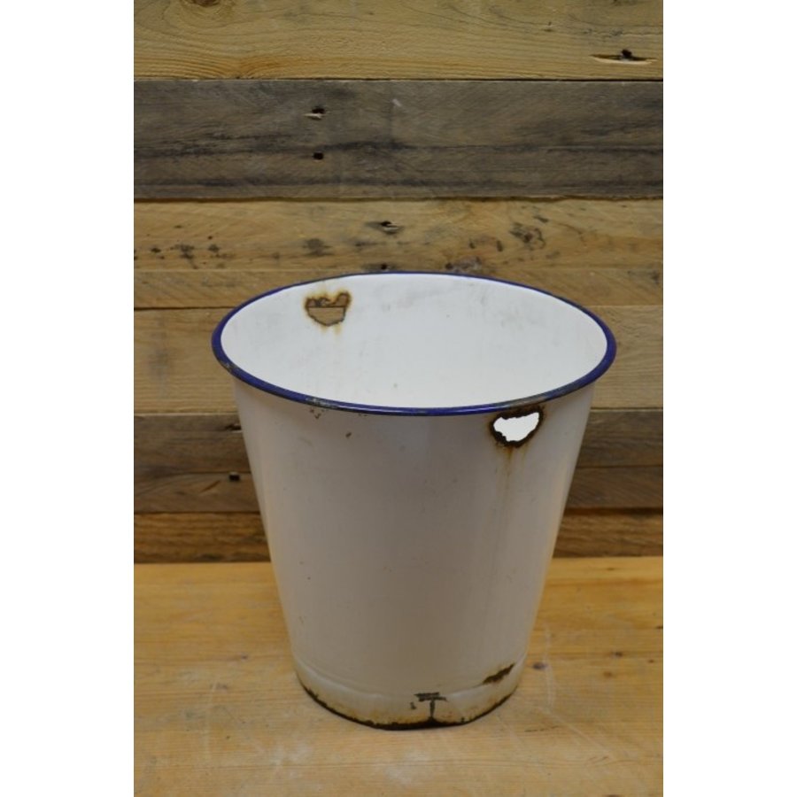 Emaille witte emmer met blauwe bies-4