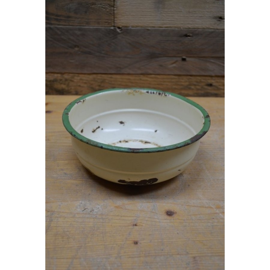 Crème emaille schaaltje met groene rand-1