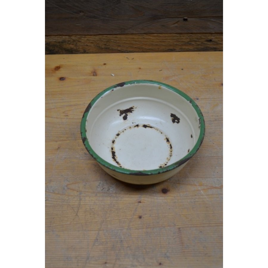 Crème emaille schaaltje met groene rand-3