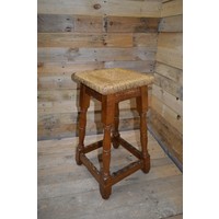thumb-Vintage houten kruk met biezen mat-1