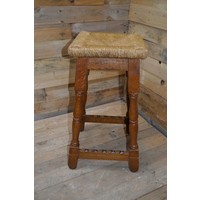 thumb-Vintage houten kruk met biezen mat-2