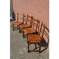 thumb-Set van 4 antieke knopstoelen met leren zitting-2