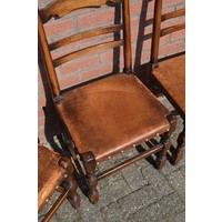 thumb-Set van 4 antieke knopstoelen met leren zitting-4