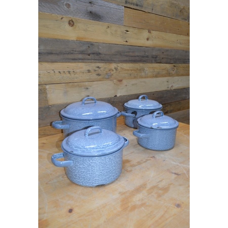 Emaille pannen │ Set van 4 │ Blauw │ Decoratie │Kringloop Loodsvol.com