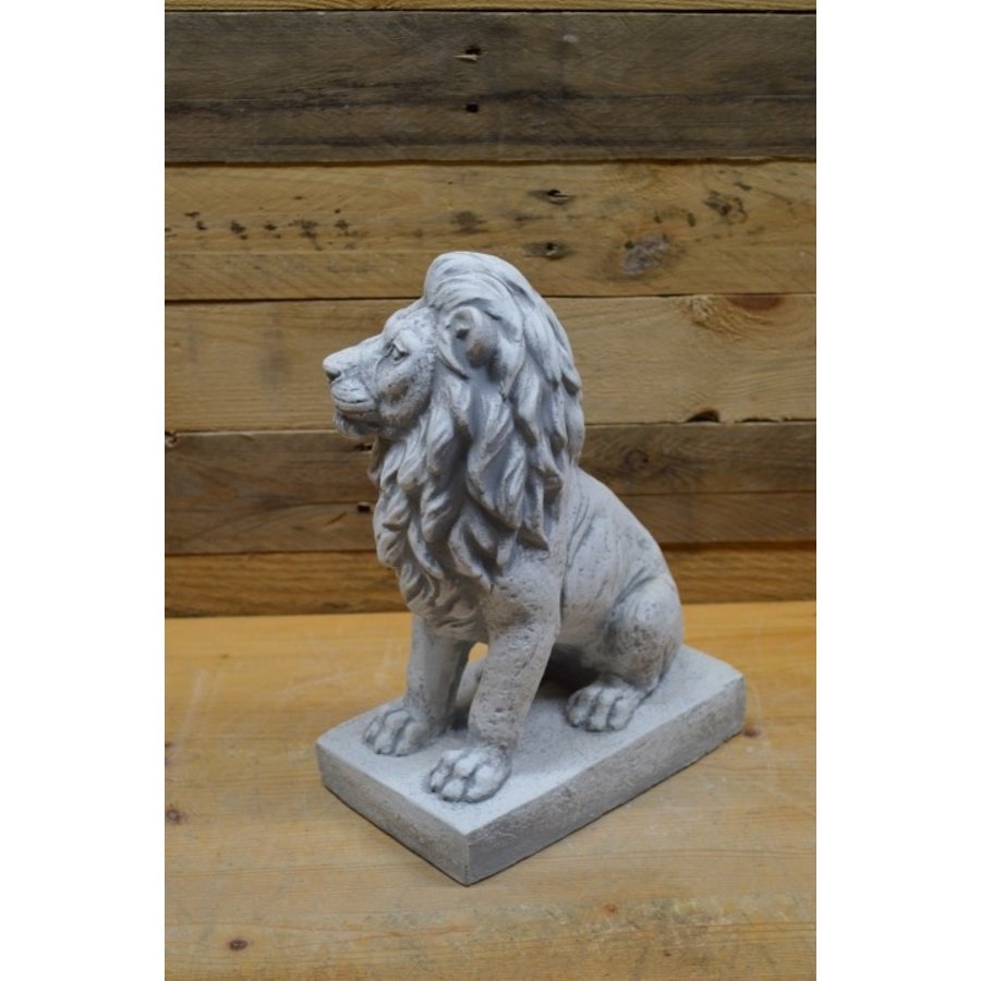 Zittende betonnen leeuw die naar rechts kijkt – natuurgetrouw mini tuinbeeld-2