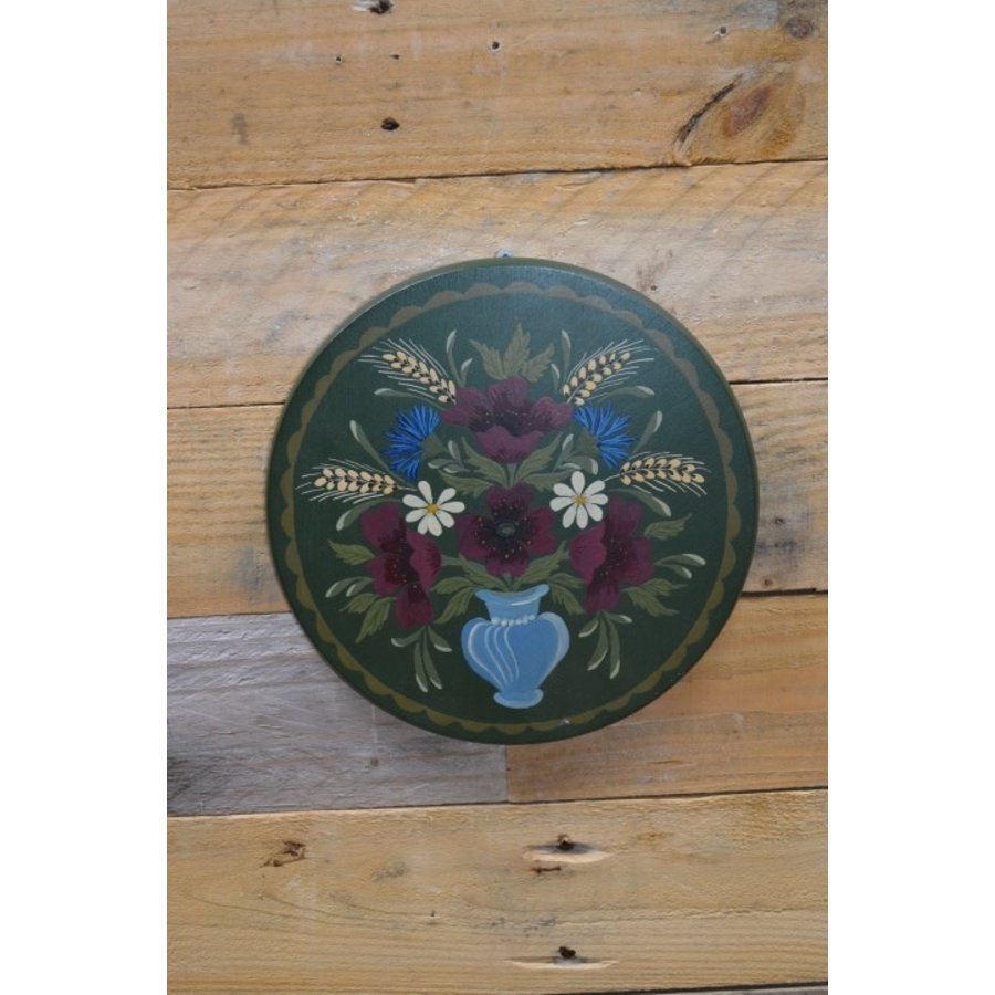 Rond houten wandbord groen met bloemen – Handbeschilderde wanddecoratie-1