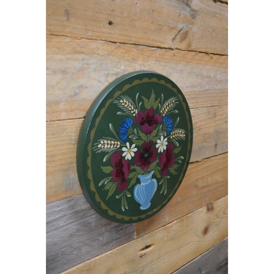 Rond houten wandbord groen met bloemen – Handbeschilderde wanddecoratie-2