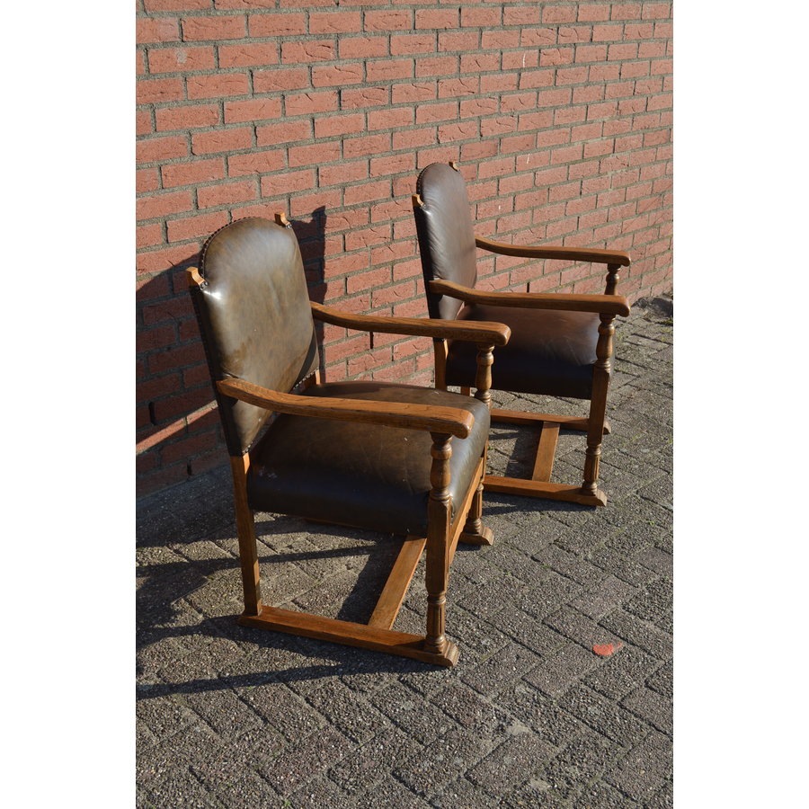 Eiken armstoelen met leer set van 2-2