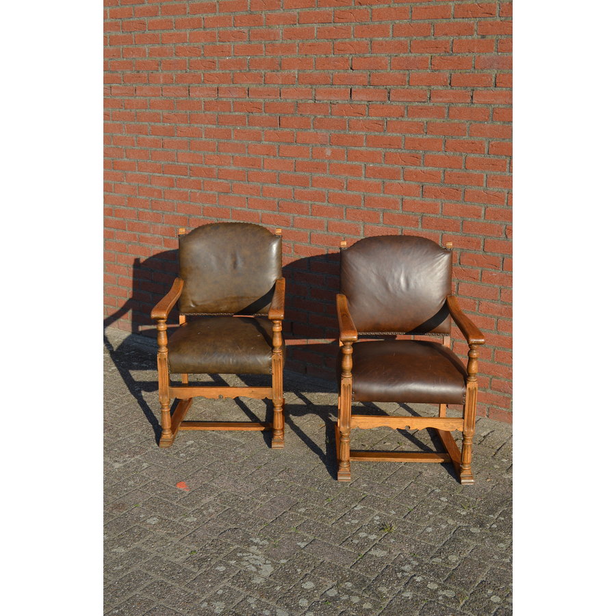 Eiken armstoelen met leer set van 2-3