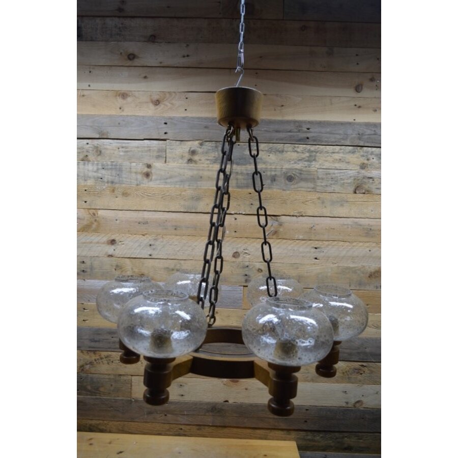 Hanglamp eiken met ketting landelijk met 6 glaskap-1