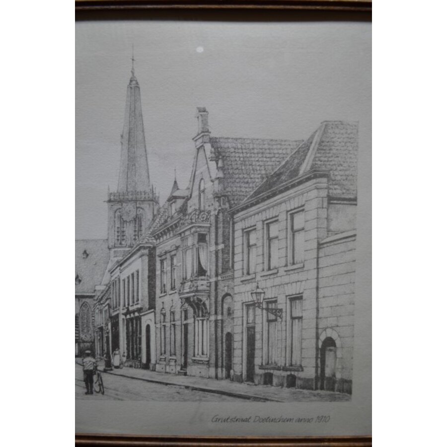 Ingelijste litho Grutstraat Doetinchem 1910 eiken lijst-3