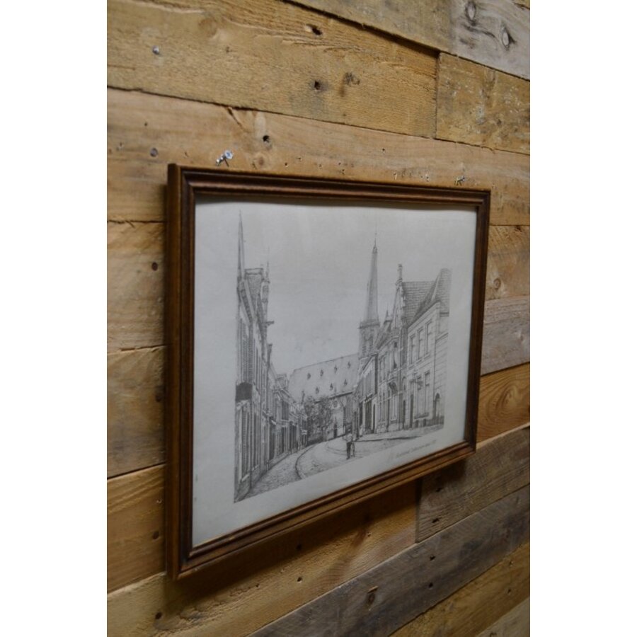 Ingelijste litho Grutstraat Doetinchem 1910 eiken lijst-5