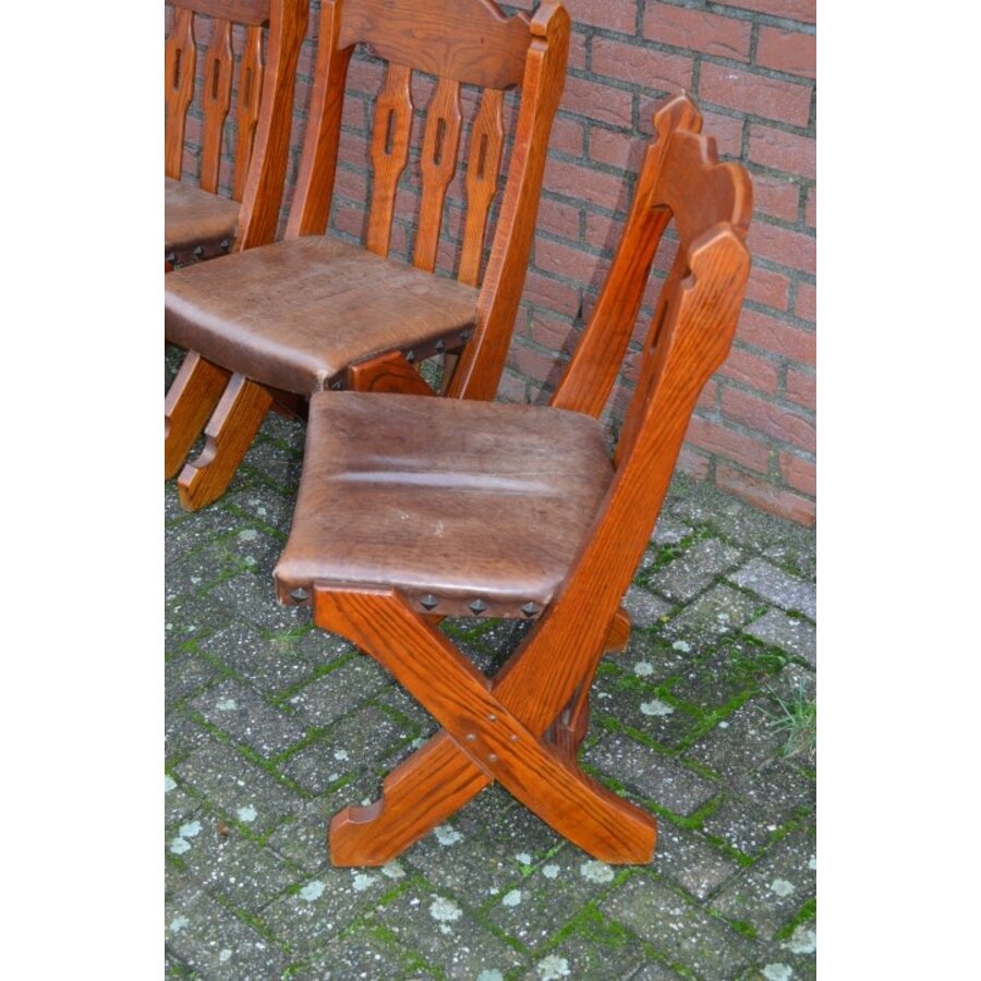 Robuuste eiken stoelen met leder bekleed 4 stuks-2