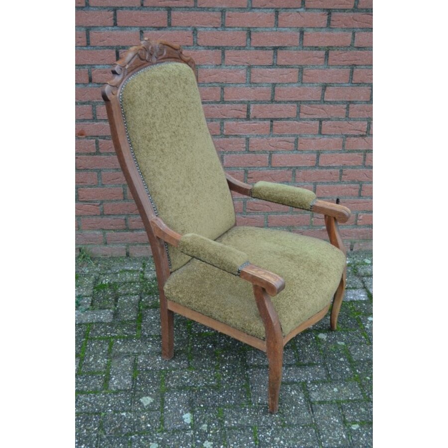 Antieke eiken armfauteuil met groene stoffering-8