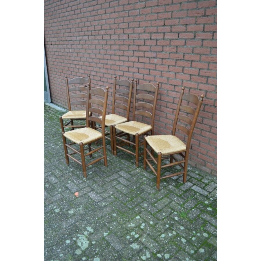 Eiken knopstoelen met biezen zitting 5 stuks-2