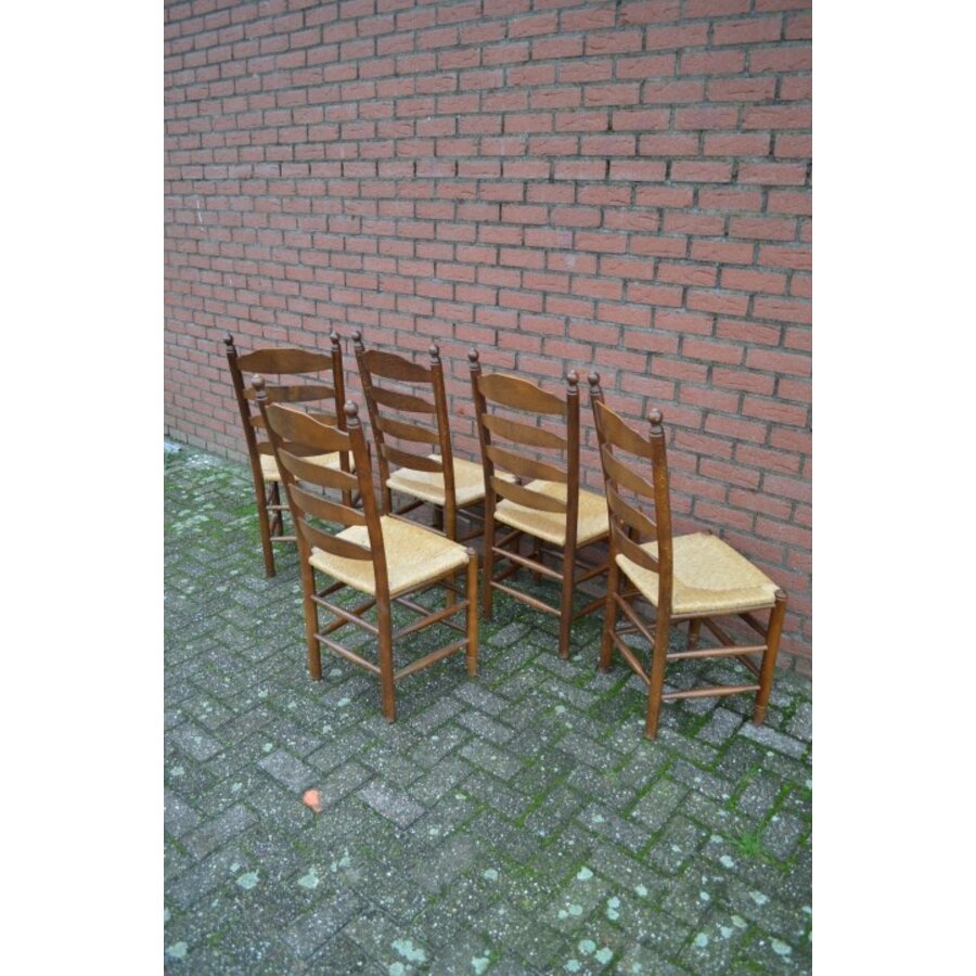 Eiken knopstoelen met biezen zitting 5 stuks-7