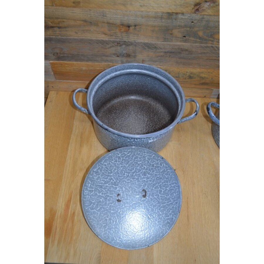 Emaille pannen set van 2 grijsblauw gewolkt met deksel-4